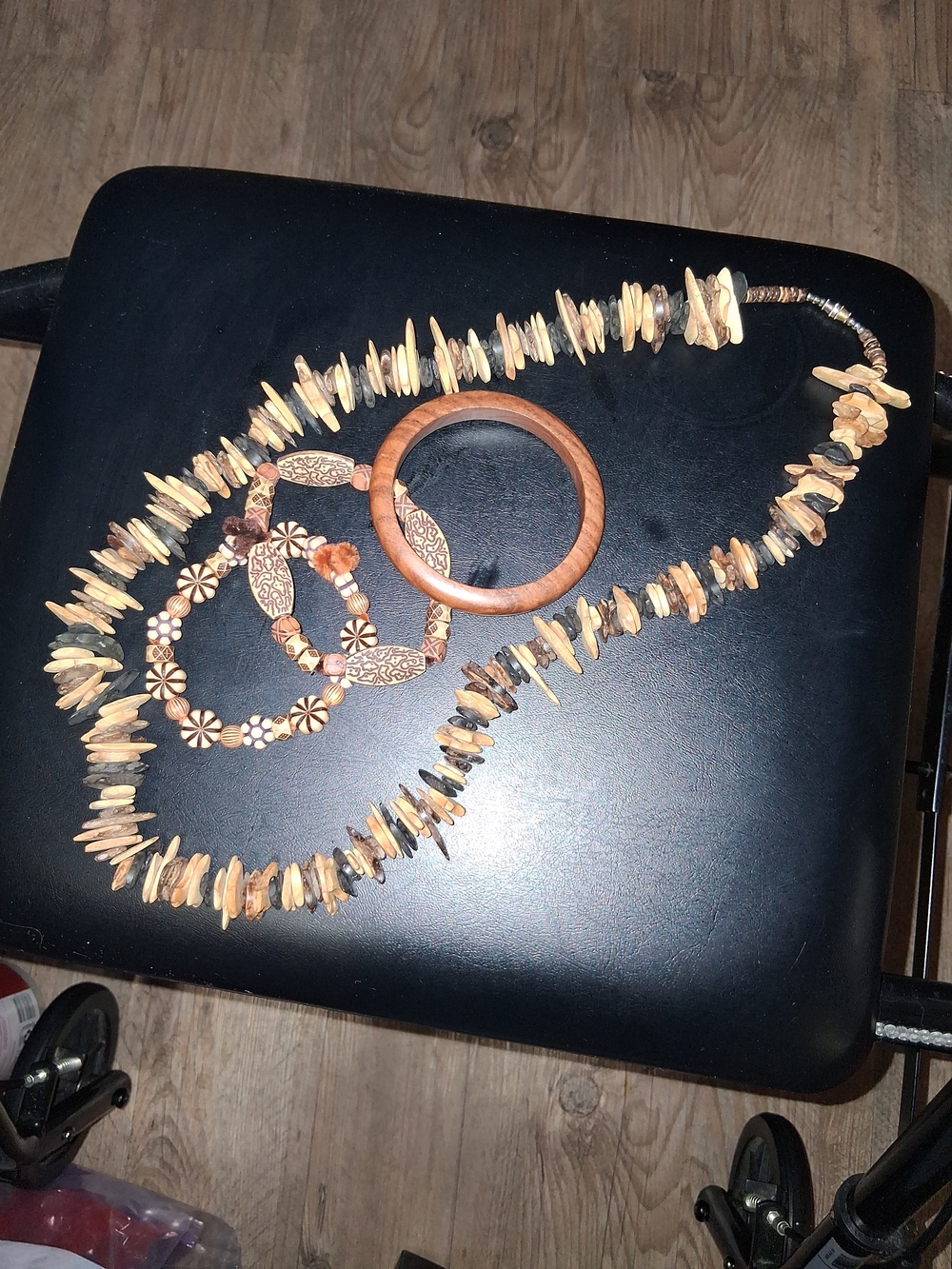 Wood Bead and Shell Necklace Set in Natural Tan Braclets To Match